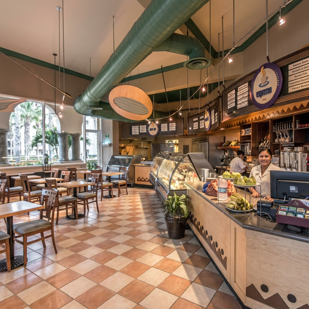 Inside view of a cafe with wooden tables and chairs, a deli counter with food, a smiling employee, large windows showing palm trees outside, and signs with a coffee cup logo hanging from the ceiling.
