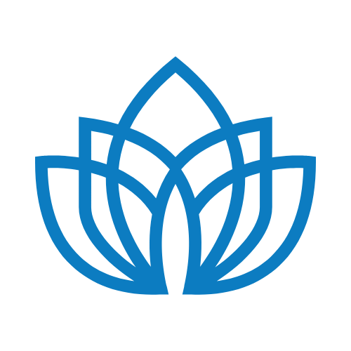 Blue geometric lotus flower logo with abstract overlapping petals.