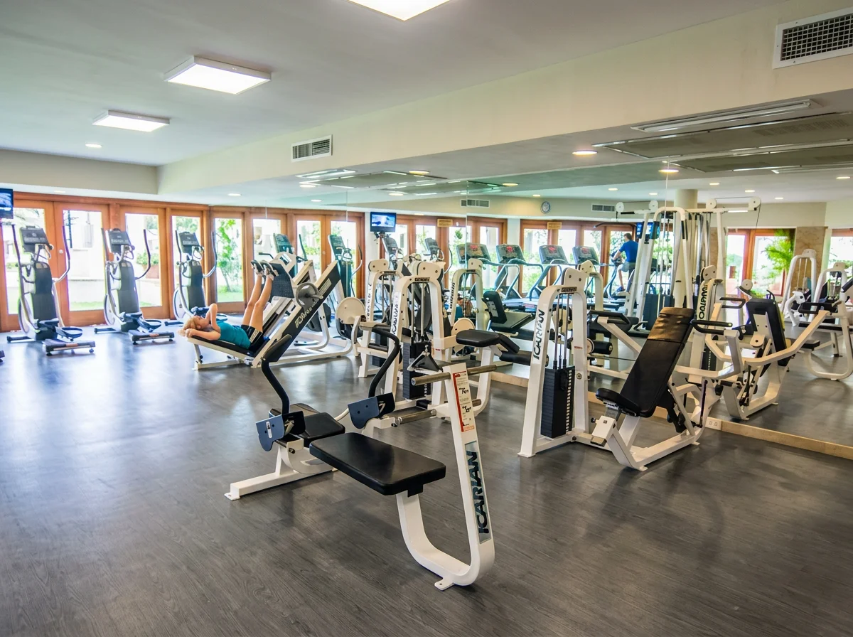 A spacious gym with multiple exercise machines, including stationary bikes, ellipticals, and weight machines, in a well-lit room with large windows and wooden frames. A person lies on a reclining exercise machine in the foreground, while others work out in the background.