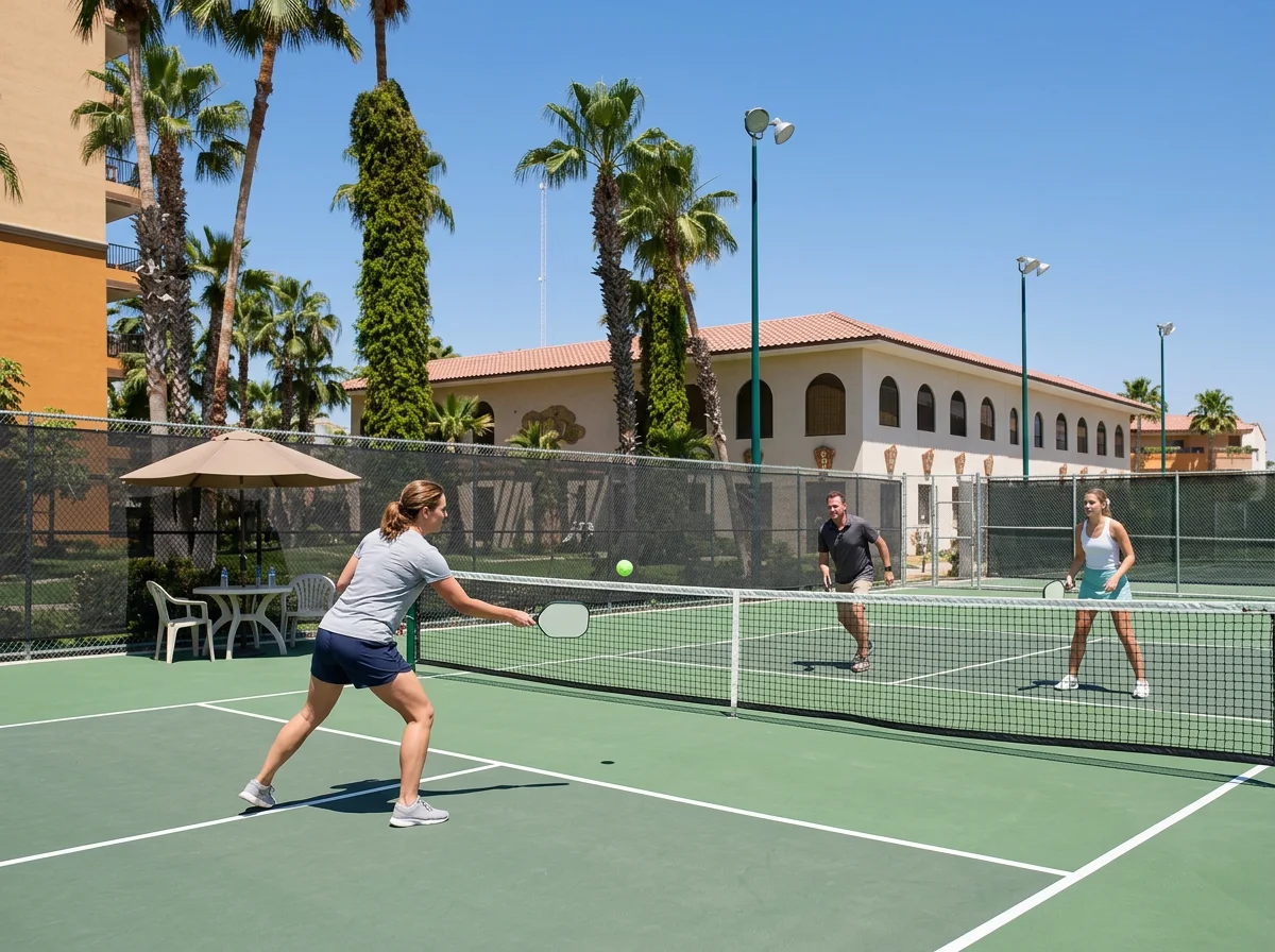 Three people playing doubles pickleball on an outdoor court with palm trees and a building in the background.