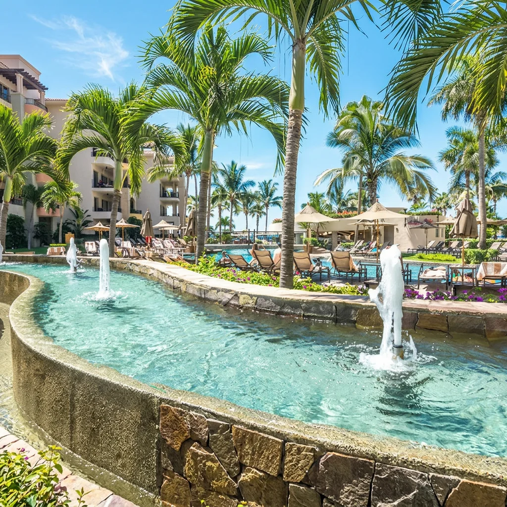 Luxury hotel pool area with palm trees, lounge chairs, umbrellas, and water fountains, under a clear blue sky.