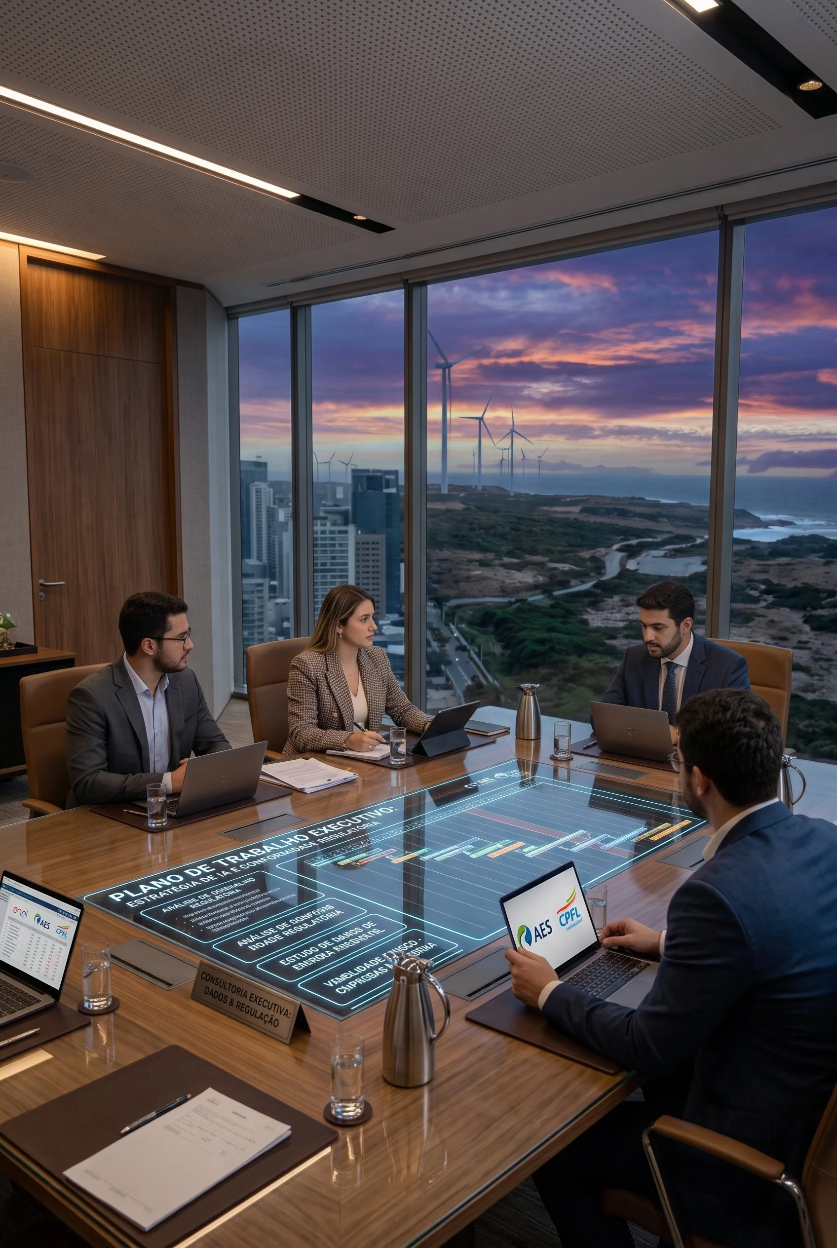Business meeting in a conference room with five people, laptops, and a glass table with an interactive digital display showing a strategy plan and data analysis, with a cityscape and wind turbines visible through large windows at sunset.