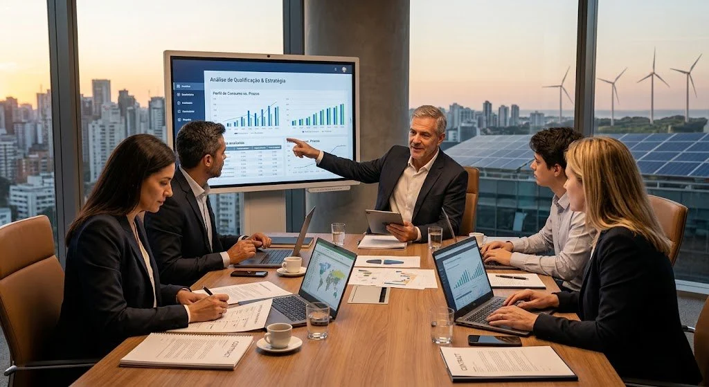 Business meeting in a conference room with five people, a man presenting data on a large screen, city skyline visible through windows, laptops, documents, and cups on the table.