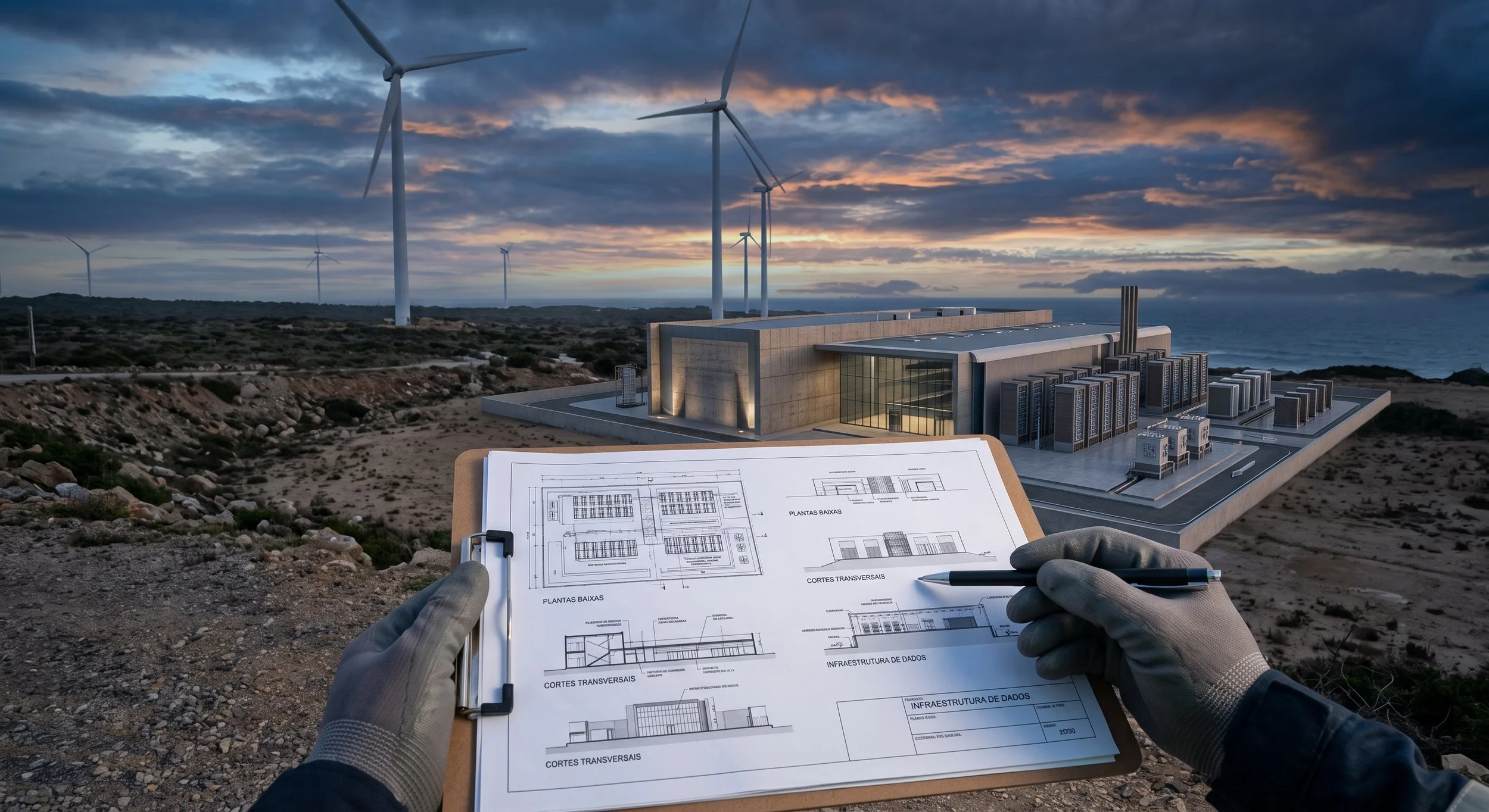A person holding architectural plans outdoors near a model of a building complex, with wind turbines in the background during sunset.