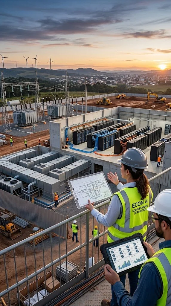 Construction site at sunset with workers, wind turbines in the background, and a woman in safety gear reviewing blueprints.
