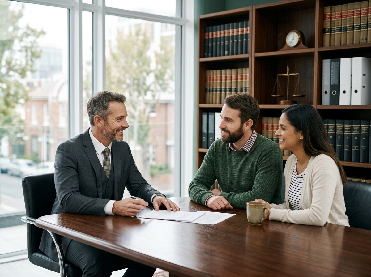 Business meeting with three adults, two men and one woman, smiling and engaged in conversation at a wooden table in an office, with a bookshelf, clock, and legal scales in the background.