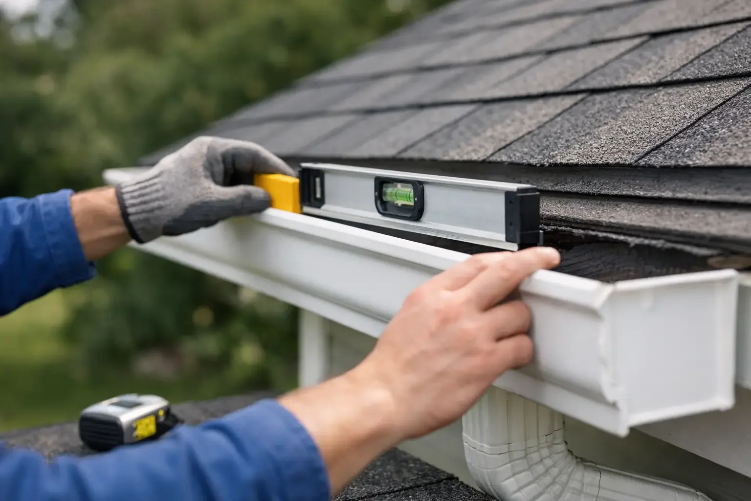 A person wearing a gray glove and blue long sleeve shirt using a level tool to check the alignment on a house gutter and roof.