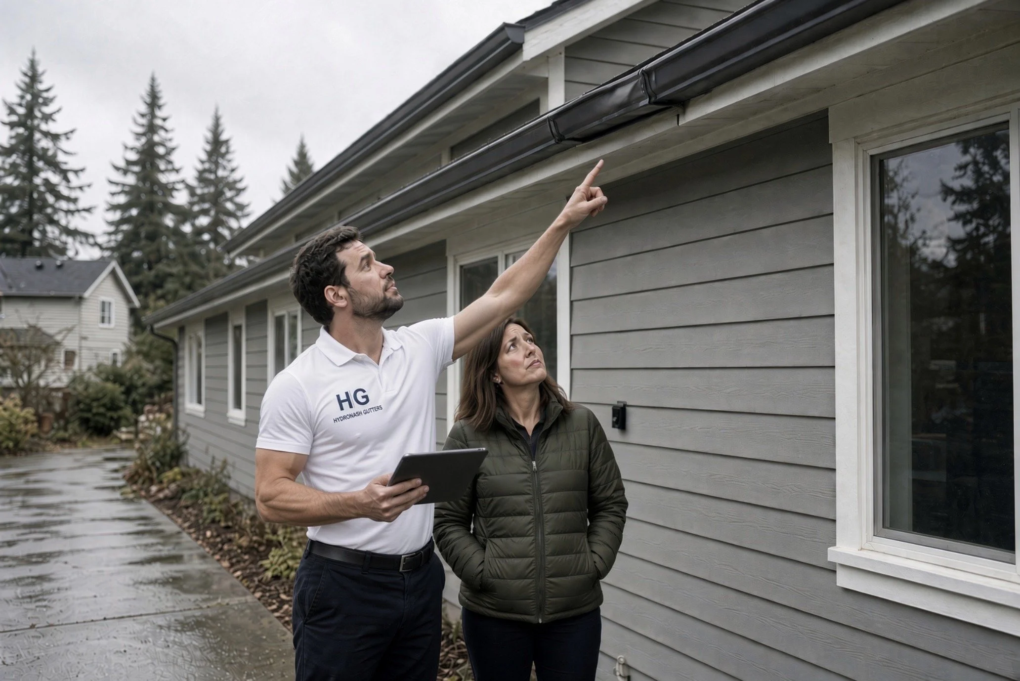 Two people inspecting rain gutters on the side of a house during overcast weather. One man is pointing at the gutters while holding a tablet, and a woman is looking up at the gutters. The house is gray with white trim, and there are trees and other houses in the background.