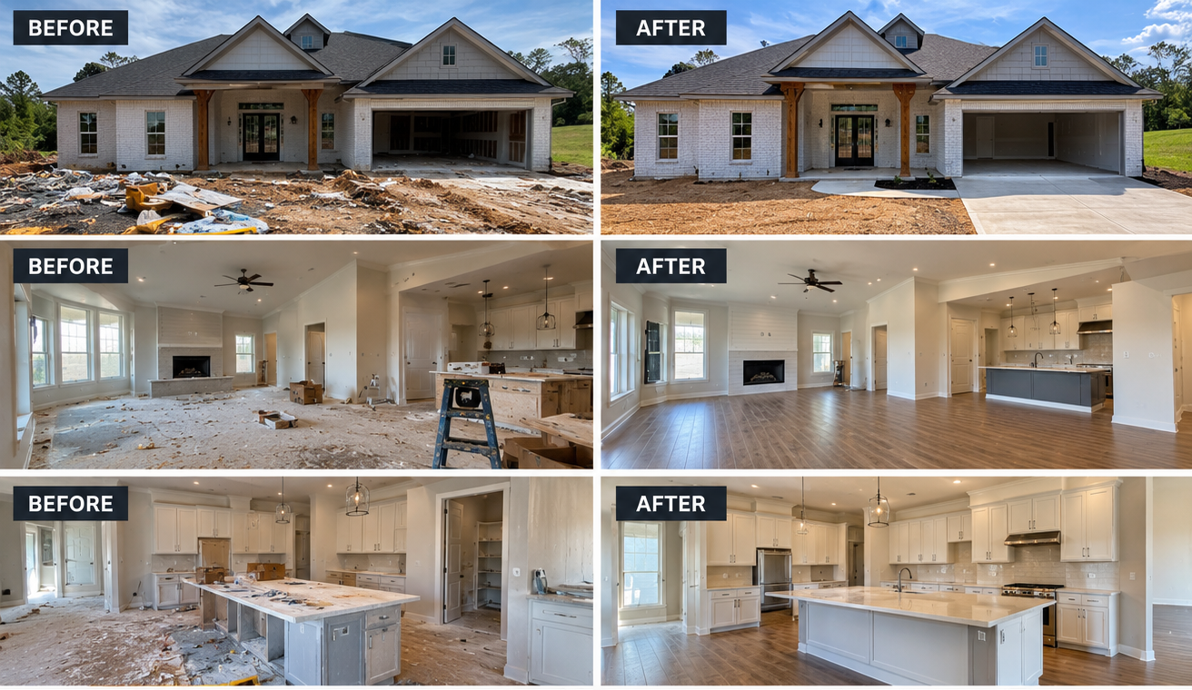 Before and after images of a house renovation showing the exterior with a new driveway and cleaned yard, and interior spaces including a living room, kitchen, and kitchen island with significant remodeling and updates.