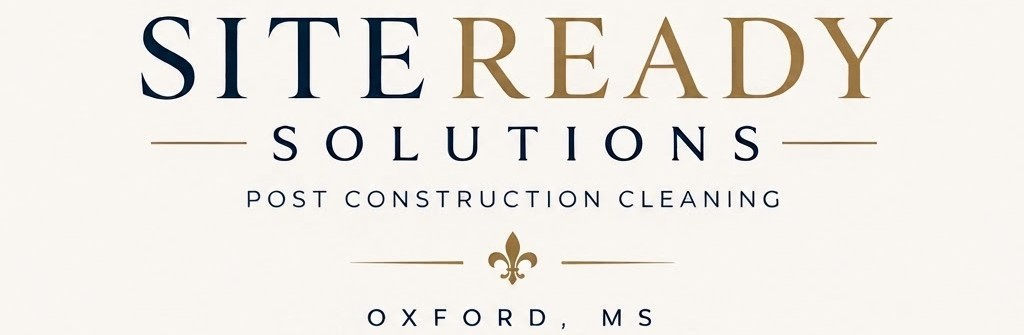 Logo for Site Ready Solutions, a post construction cleaning company based in Oxford, Mississippi, with the text 'SITE READY SOLUTIONS POST CONSTRUCTION CLEANING' and decorative fleur-de-lis.