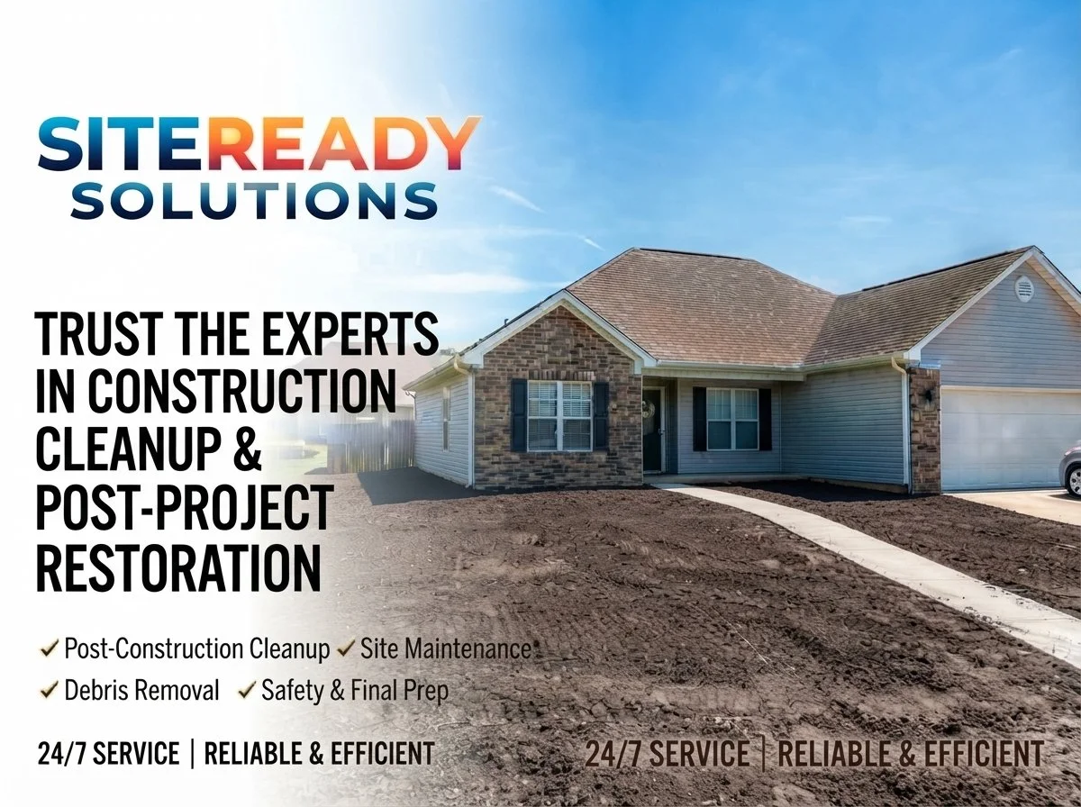 A promotional advertisement for SiteReady Solutions featuring a house with a partly finished driveway and yard, promoting construction cleanup, debris removal, site maintenance, safety, final prep, and 24/7 service.