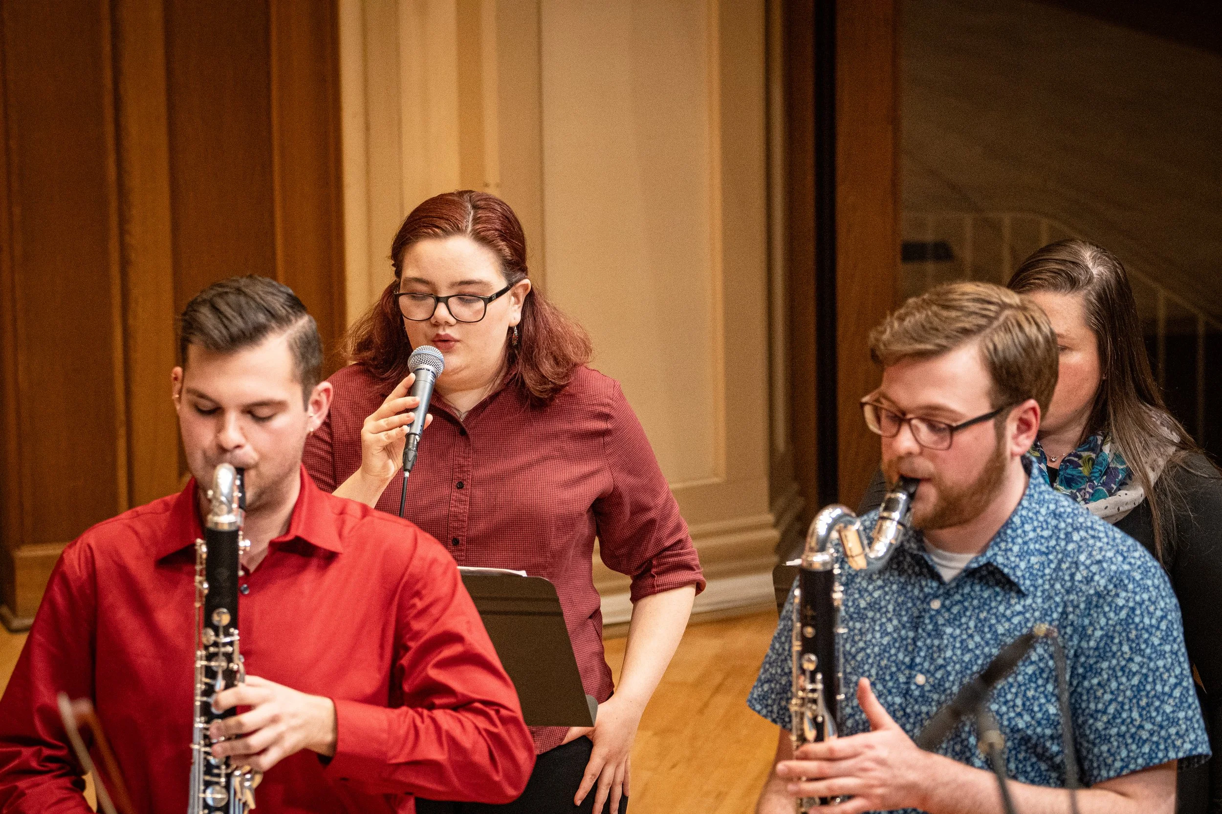 Steve Reich's "Music for 18" performed by the Lawrence New Music Ensemble in April of 2026.  L-R, Tyler Workinger, Megan LaBelle-Smith, Tucker Hall, Cayla Rosché.  📸 Ben Frueh