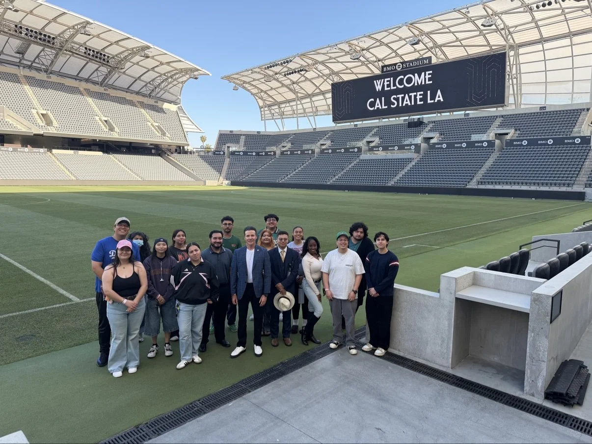 David M. Tetreault with his Cal State LA Producing the Live Event class on the pitch at BMO Stadium