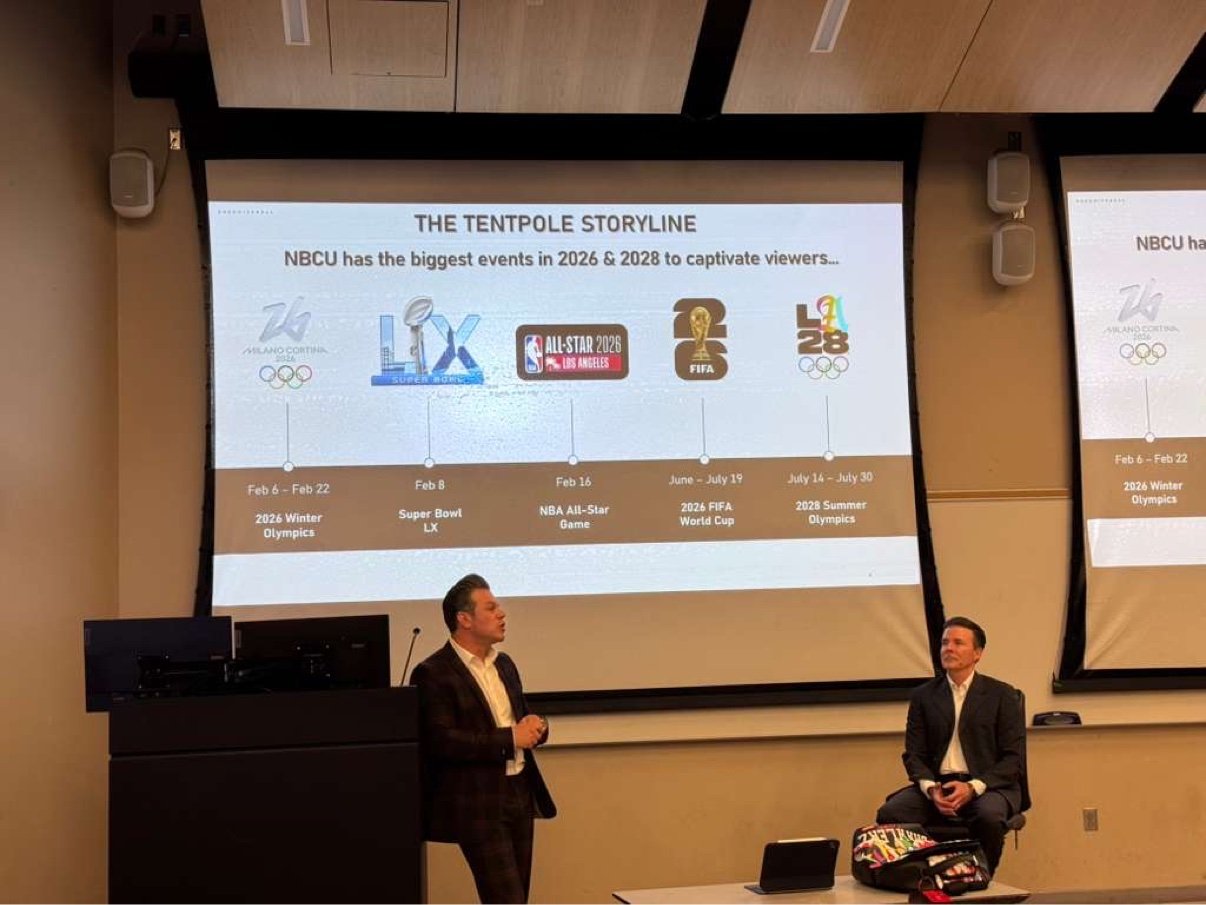 David M. Tetreault presenting NBCUniversal's 2026-2028 tentpole events slate to his Producing the Live Event class
