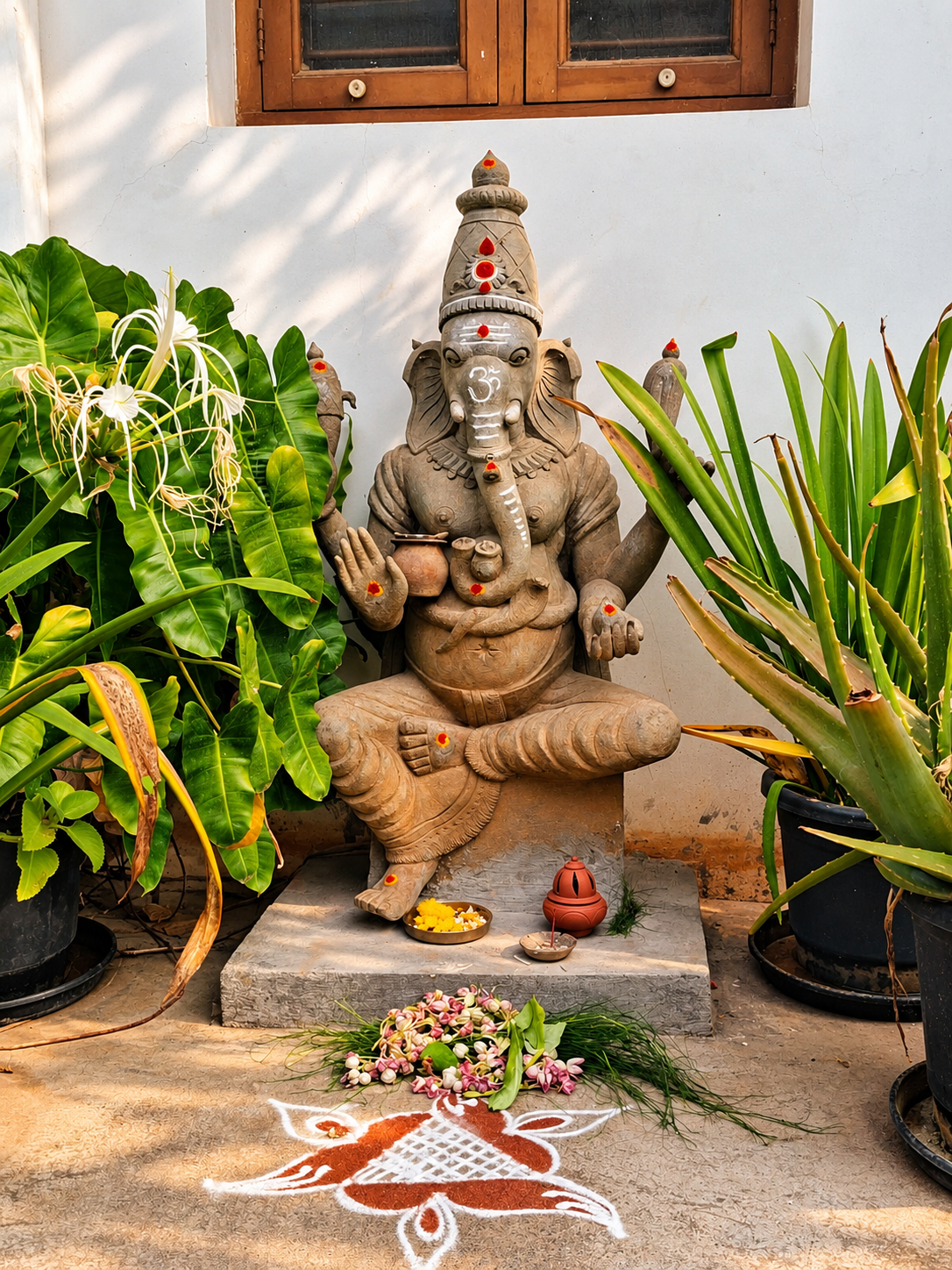 Statua di Ganesha circondata da piante, fiori e offerte rituali davanti a una casa