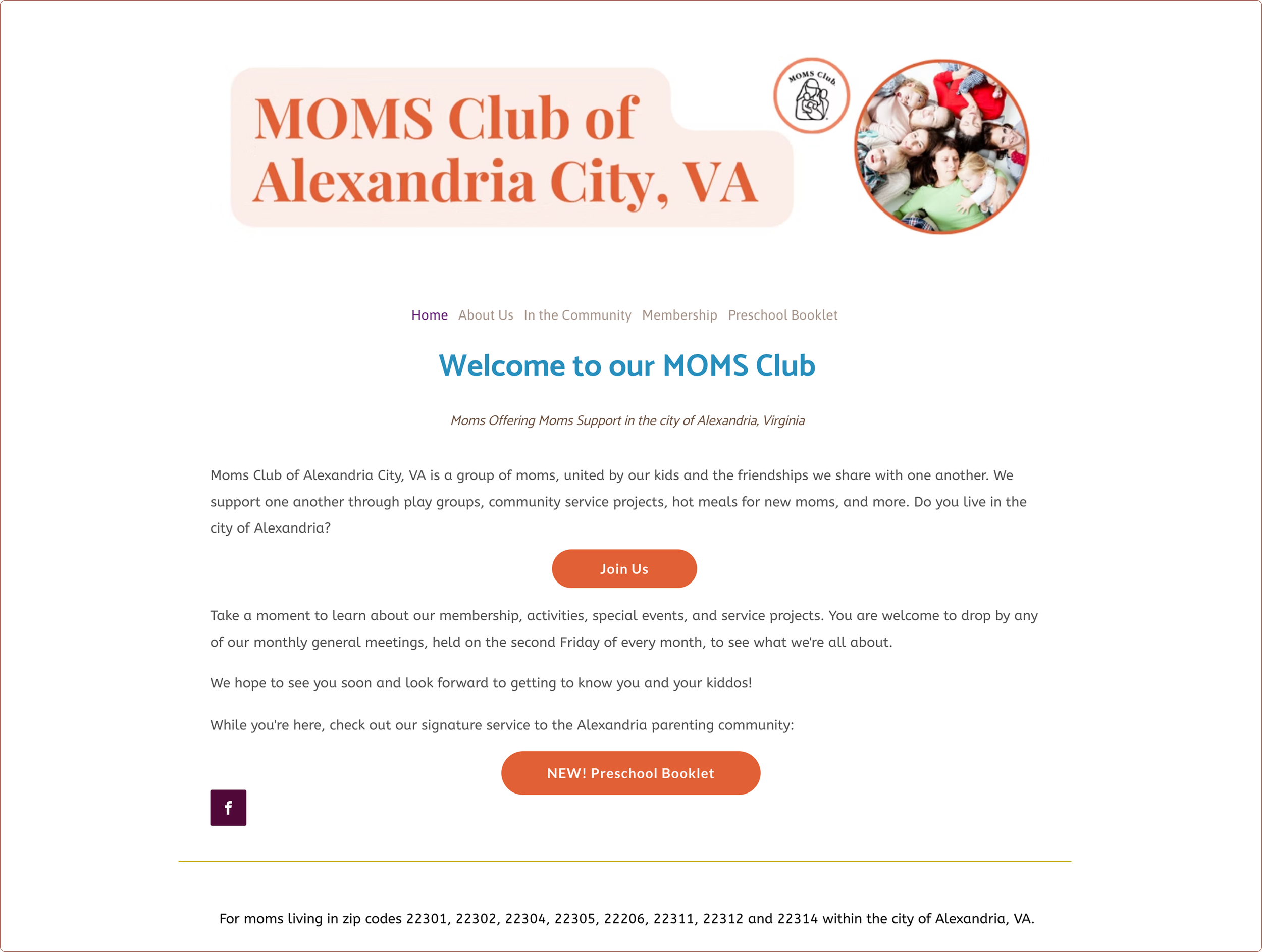 Homepage of a moms club website, which includes images of moms and kids and a logo.
