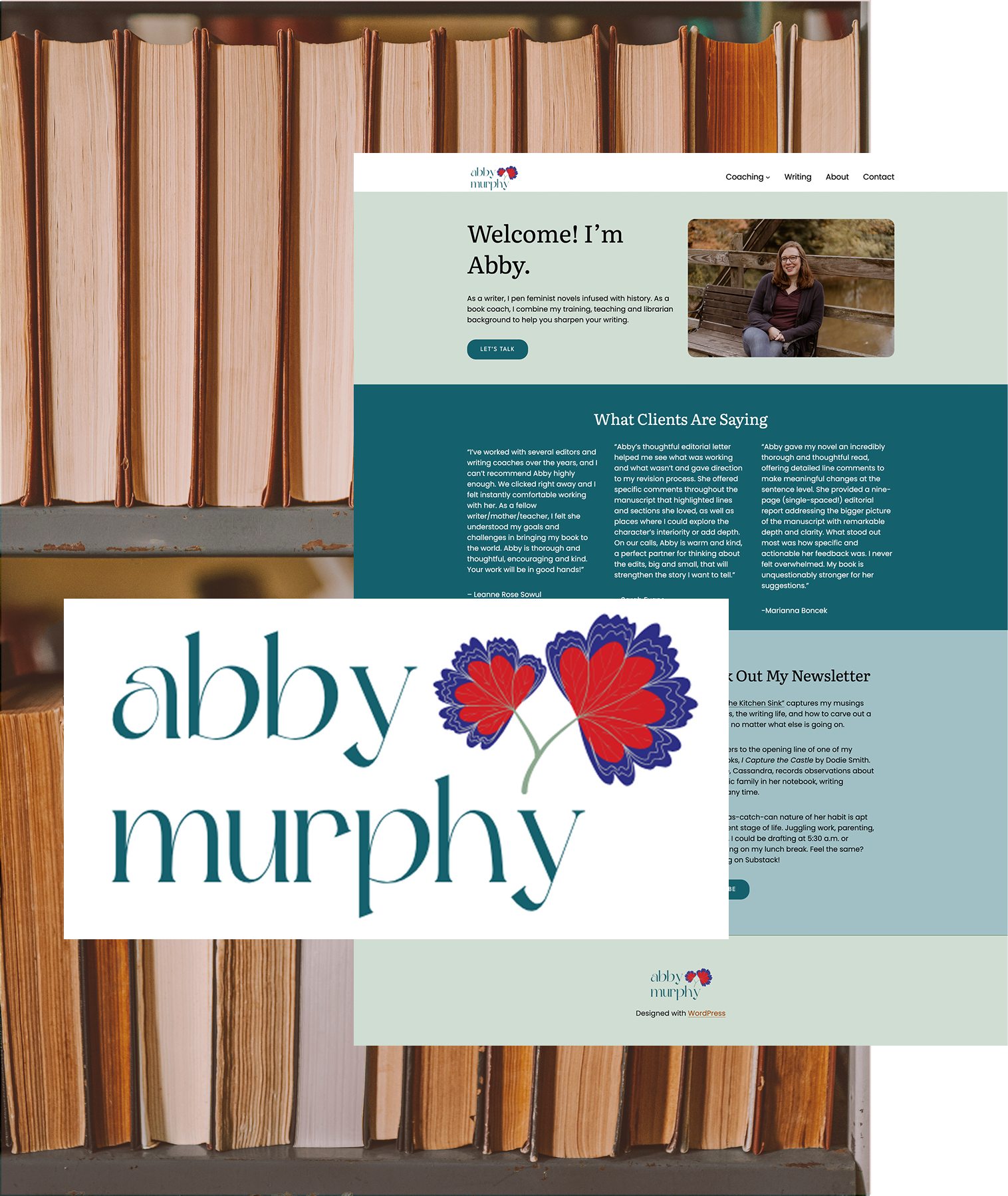 Collage of personal brand items, including a bookshelf, logo and website homepage