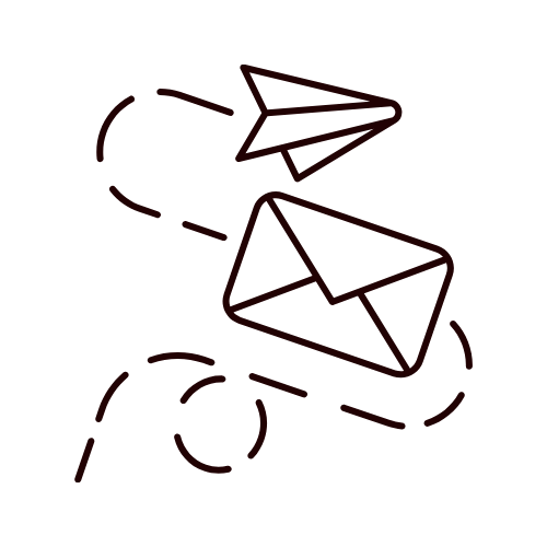 Outline drawing of an envelope and paper airplane with dashed flight path.