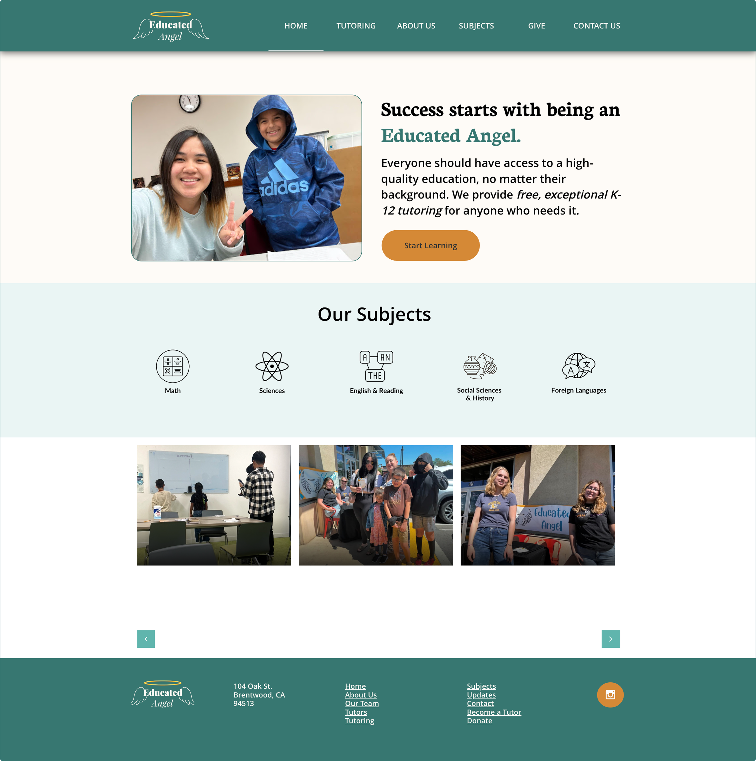 Education nonprofit homepage, including images of children, tutors, and a list of subjects tutored.