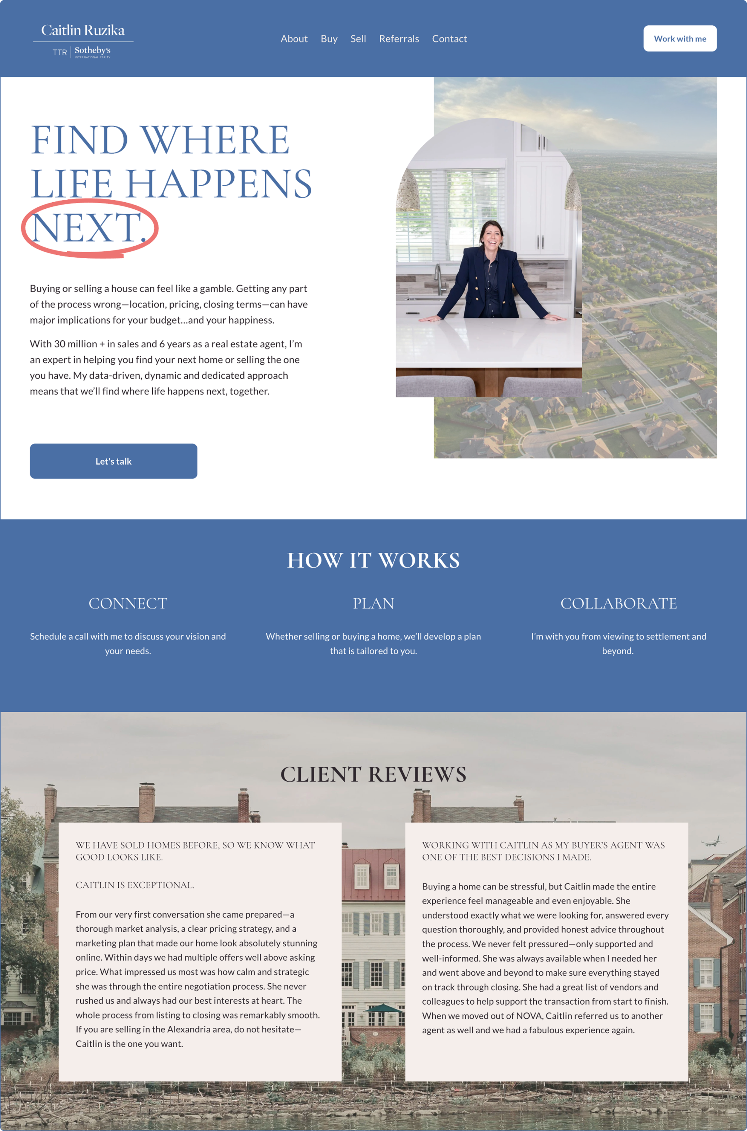 Homepage of an Alexandria Realtor's website, including brand colors, logo, and testimonials.