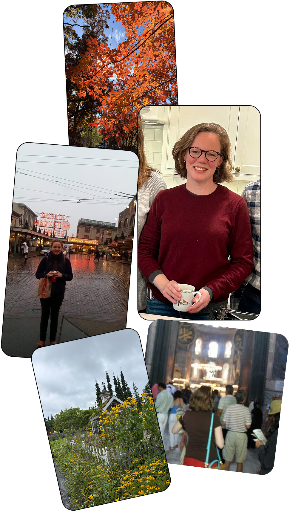 Collage including pictures of Alyssa Murphy holding a coffee cup, at Pike Place Market, and touring Hagia Sophia; also includes autumn leaves and a cottage.