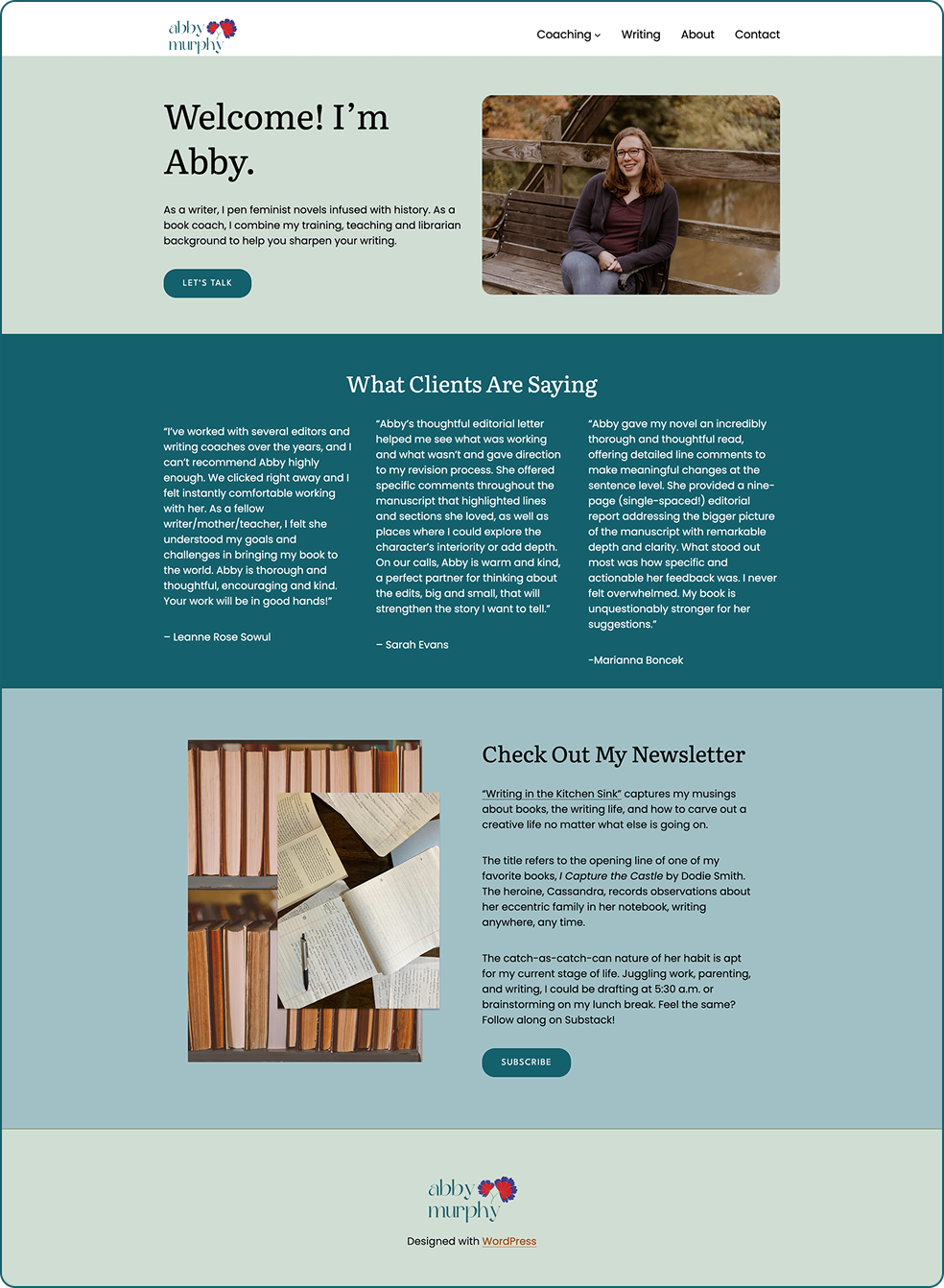 Homepage of book coach's website including an intro section, testimonials, and a newsletter section.
