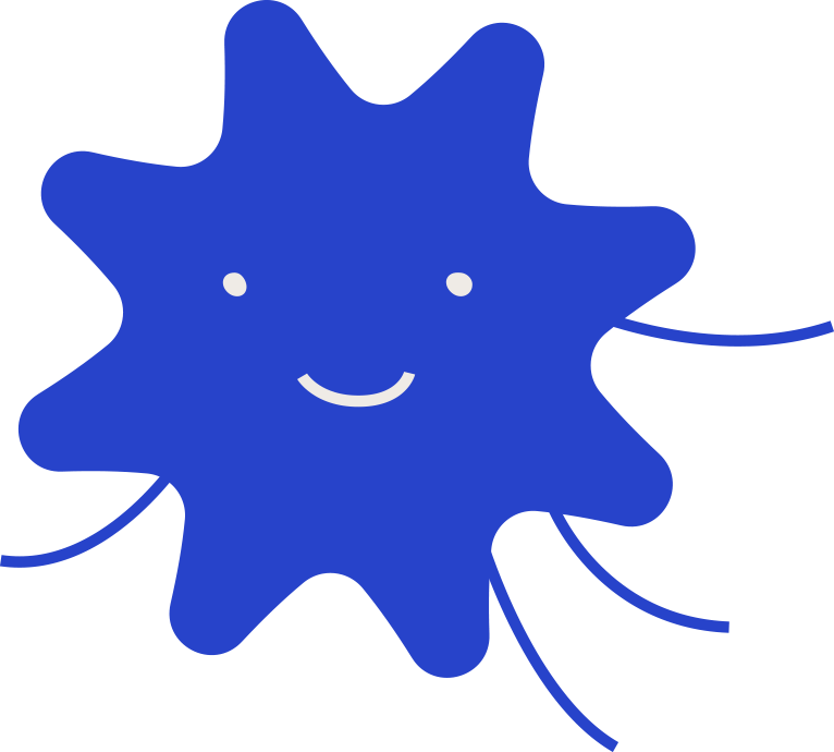 Cute blue cartoon microorganism with a smiling face and small eyes, with several elongated appendages.