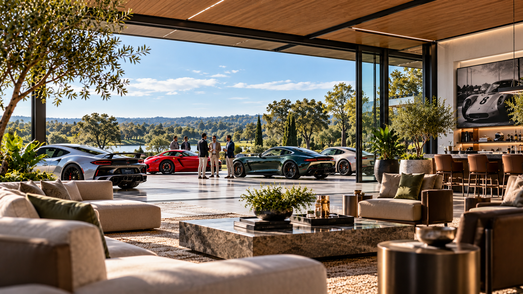 Private members club with luxury automobiles and contemporary lounge space.