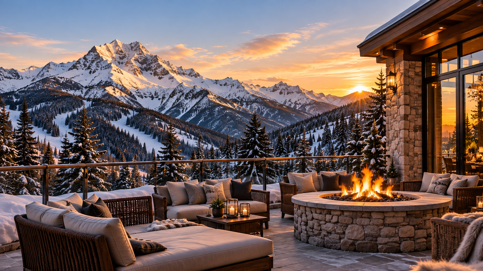 Private mountain club terrace overlooking snow-covered peaks.
