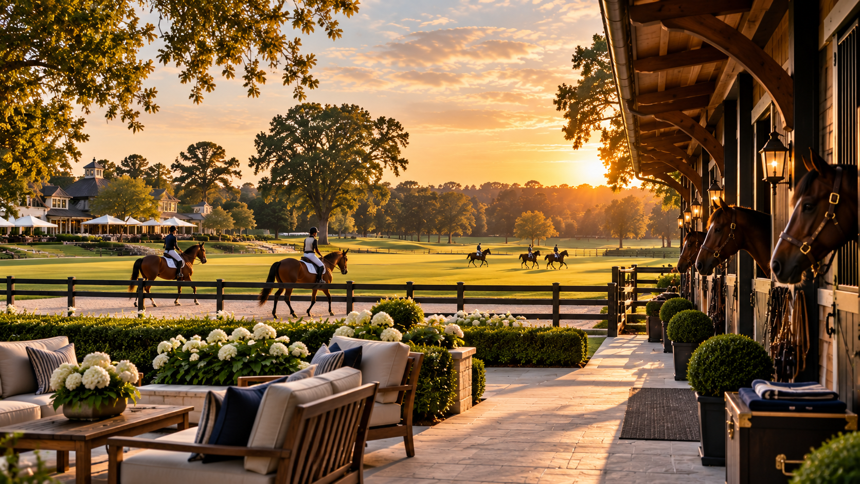 Private equestrian club with riders and outdoor training facilities.