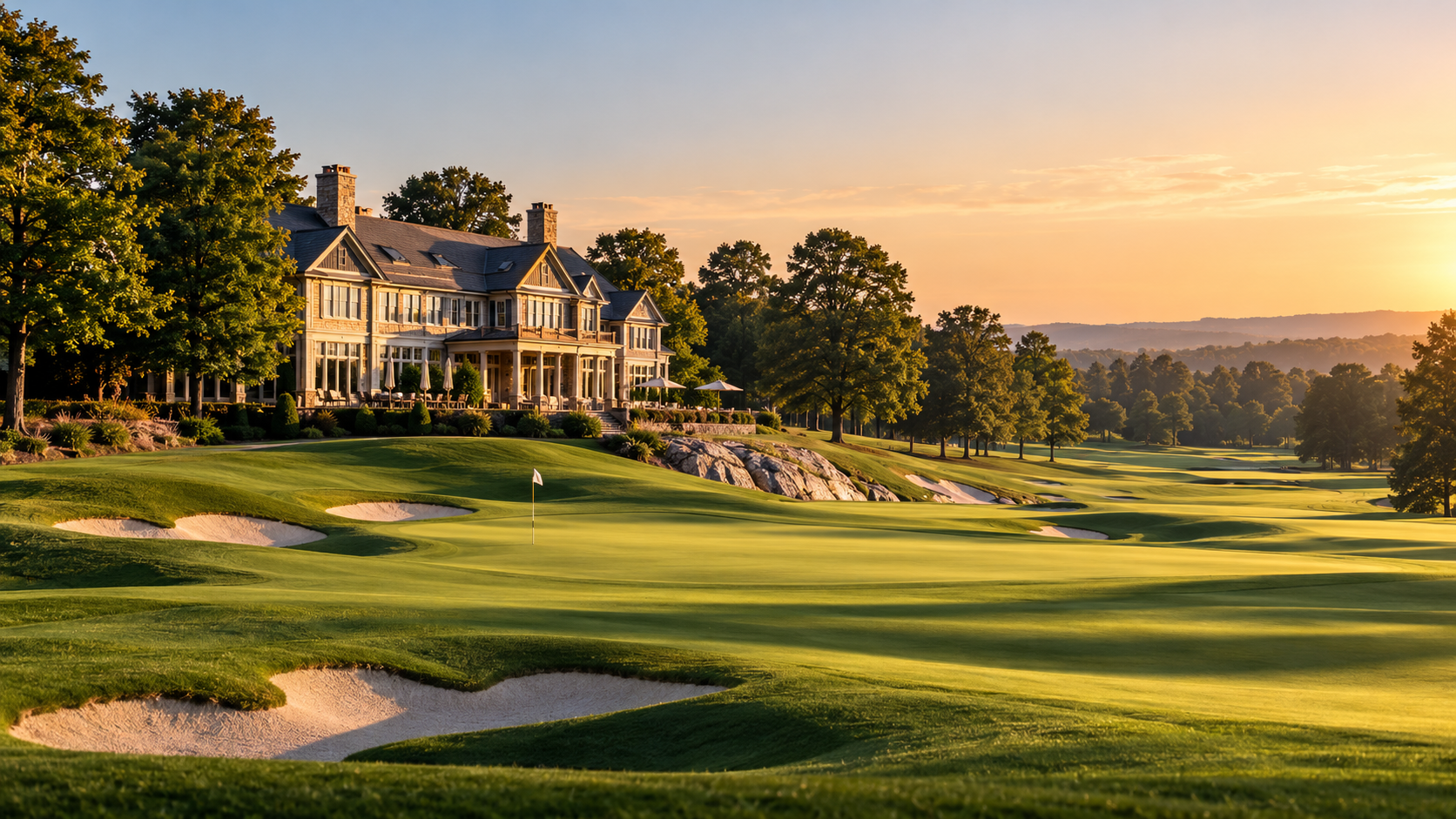 Private golf club and championship golf course at sunset.