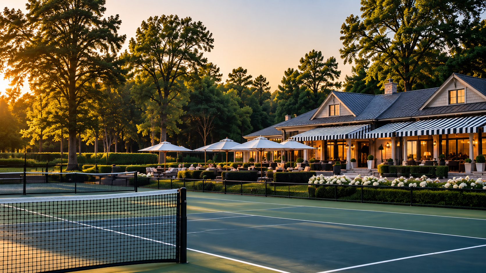 Private tennis club with courts and outdoor gathering spaces.