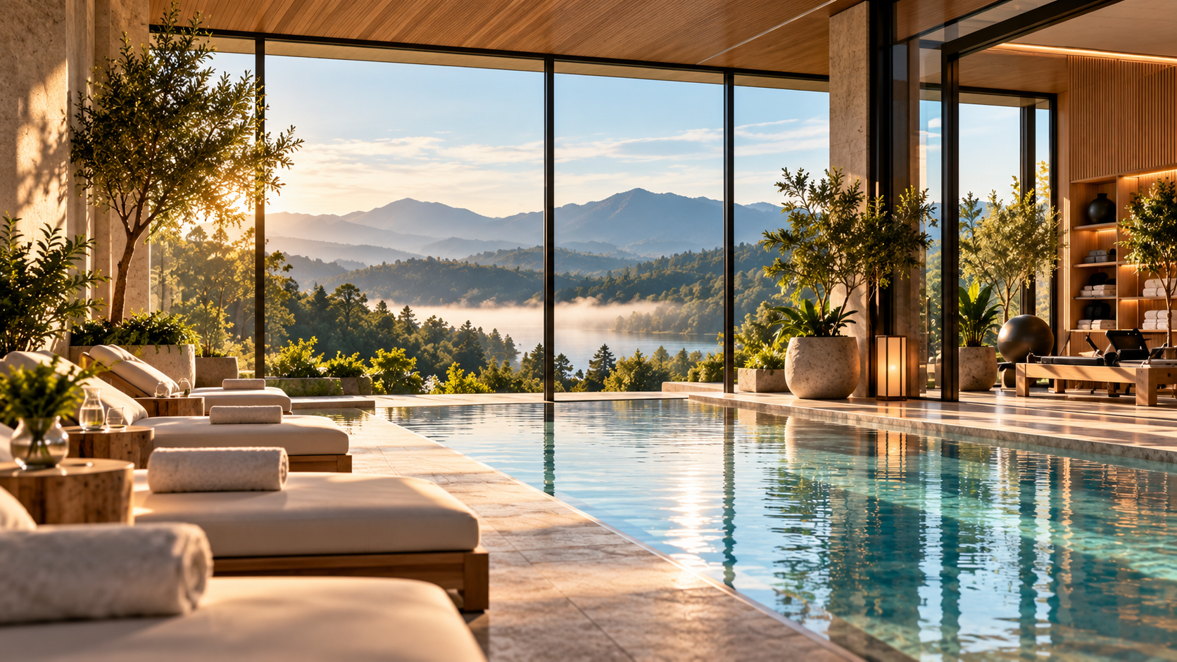 Luxury wellness club with an indoor pool overlooking a mountain lake.