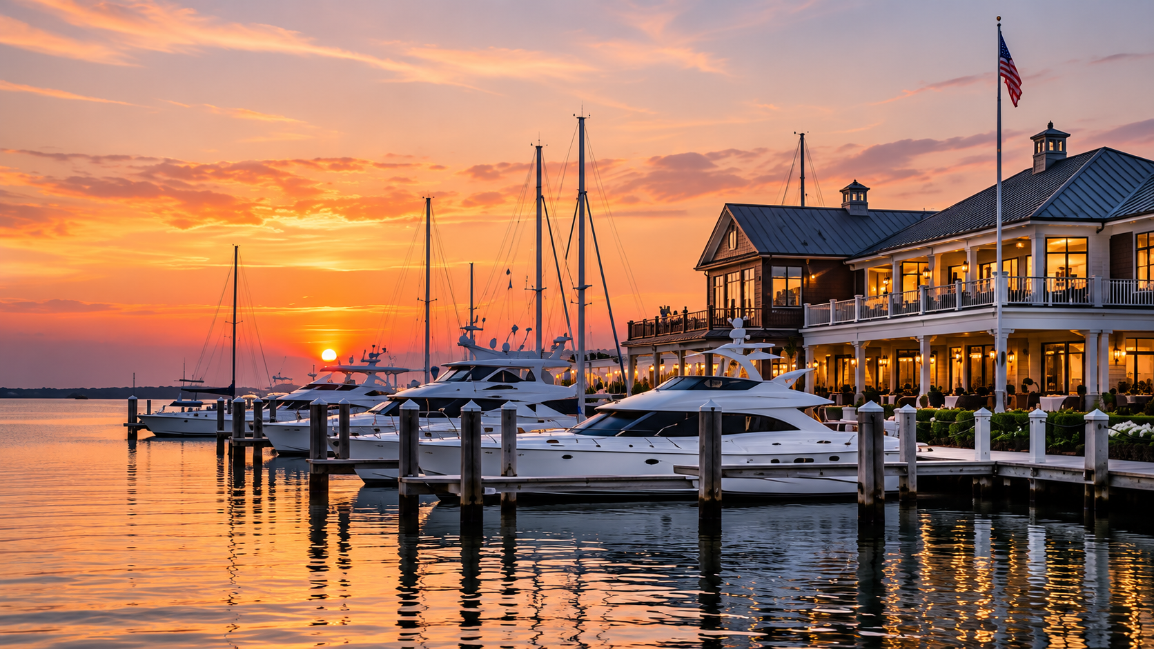 Private marina with yachts and waterfront club facilities at sunset.