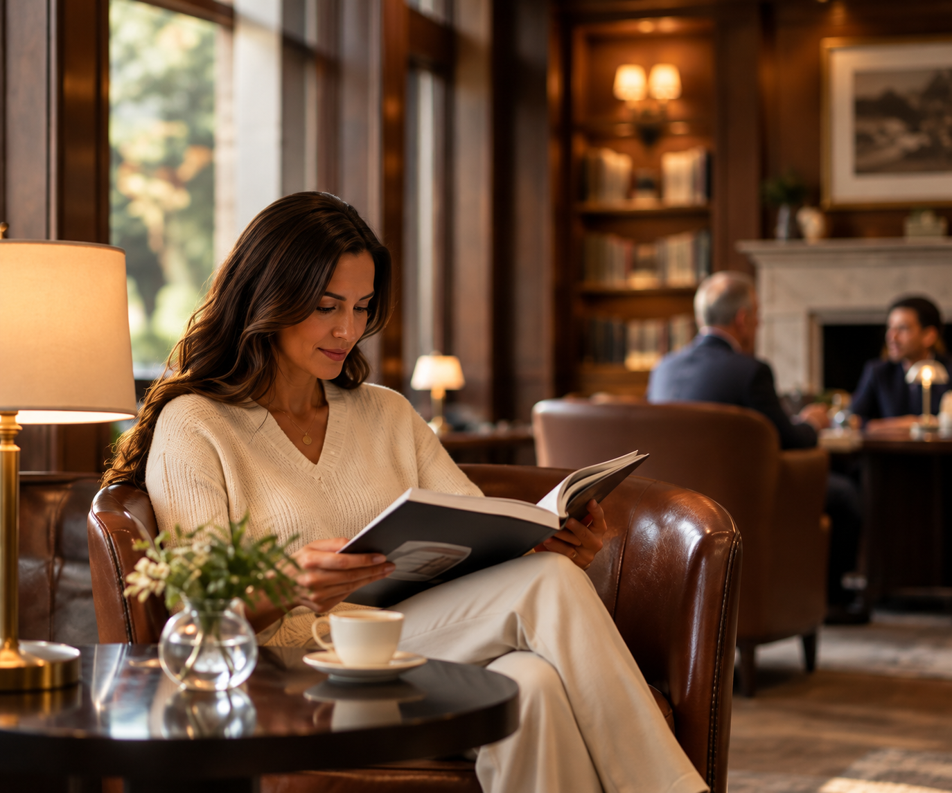 Woman reading in a warm, wood-paneled private club lounge.