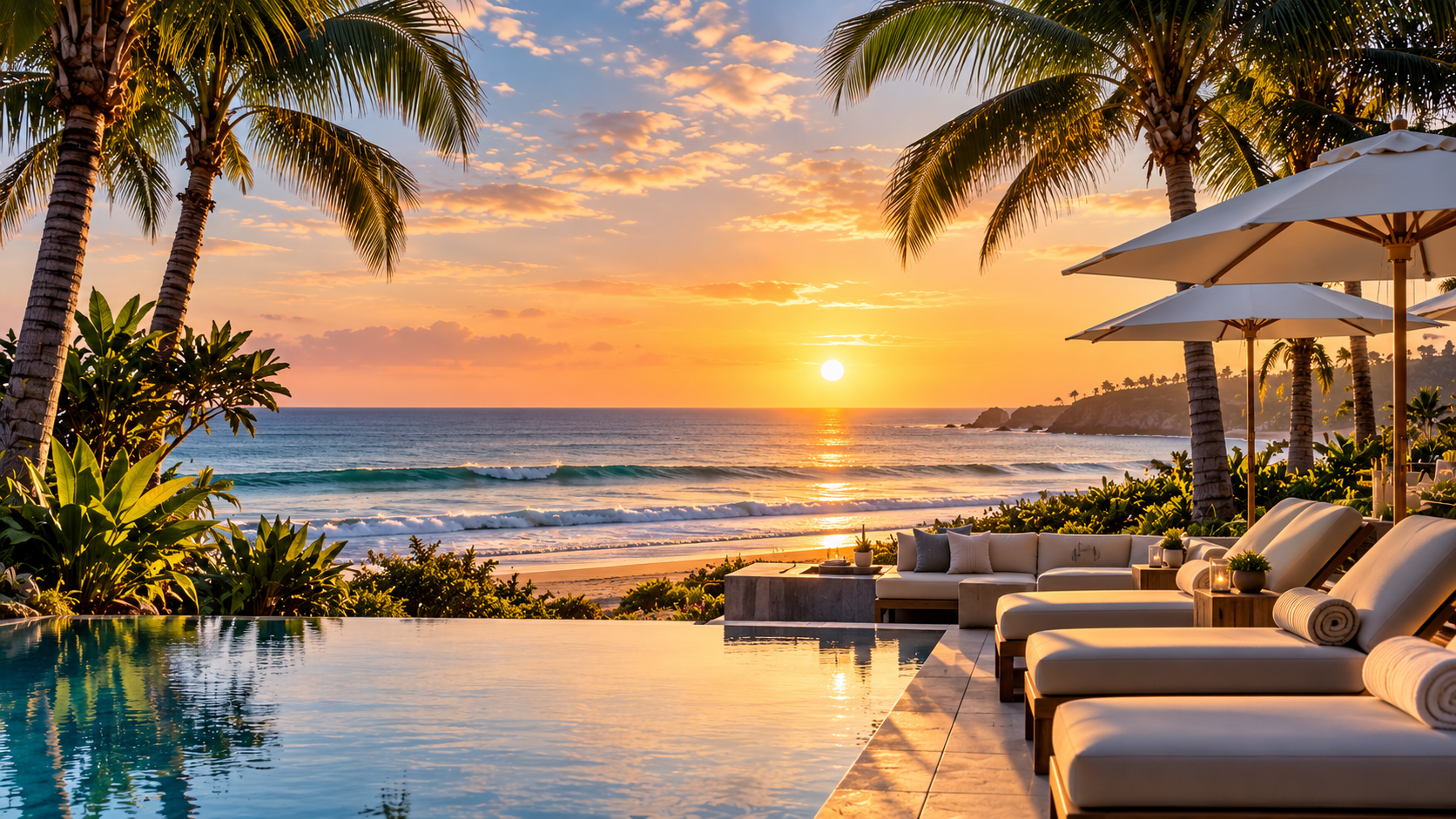 1. Private beach club with pool and oceanfront lounge areas.