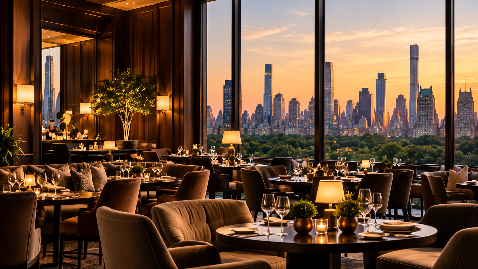 Elegant private club dining room overlooking a city skyline.