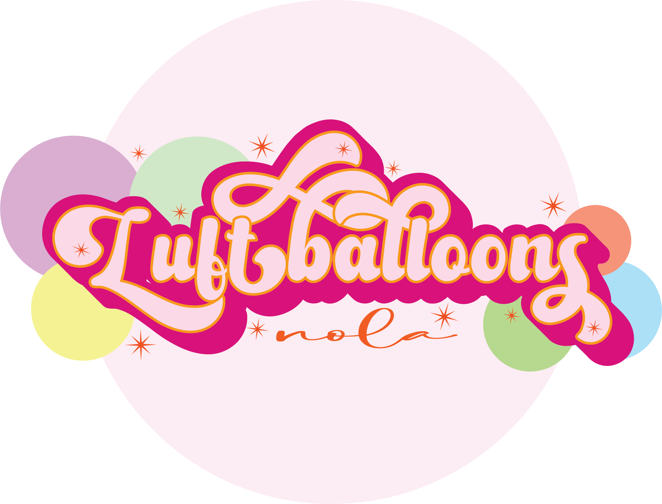 Colorful graphic design with the words "Birthday Luka" in decorative pink and orange font, surrounded by pastel-colored circles and small star-like accents on a light pink background.