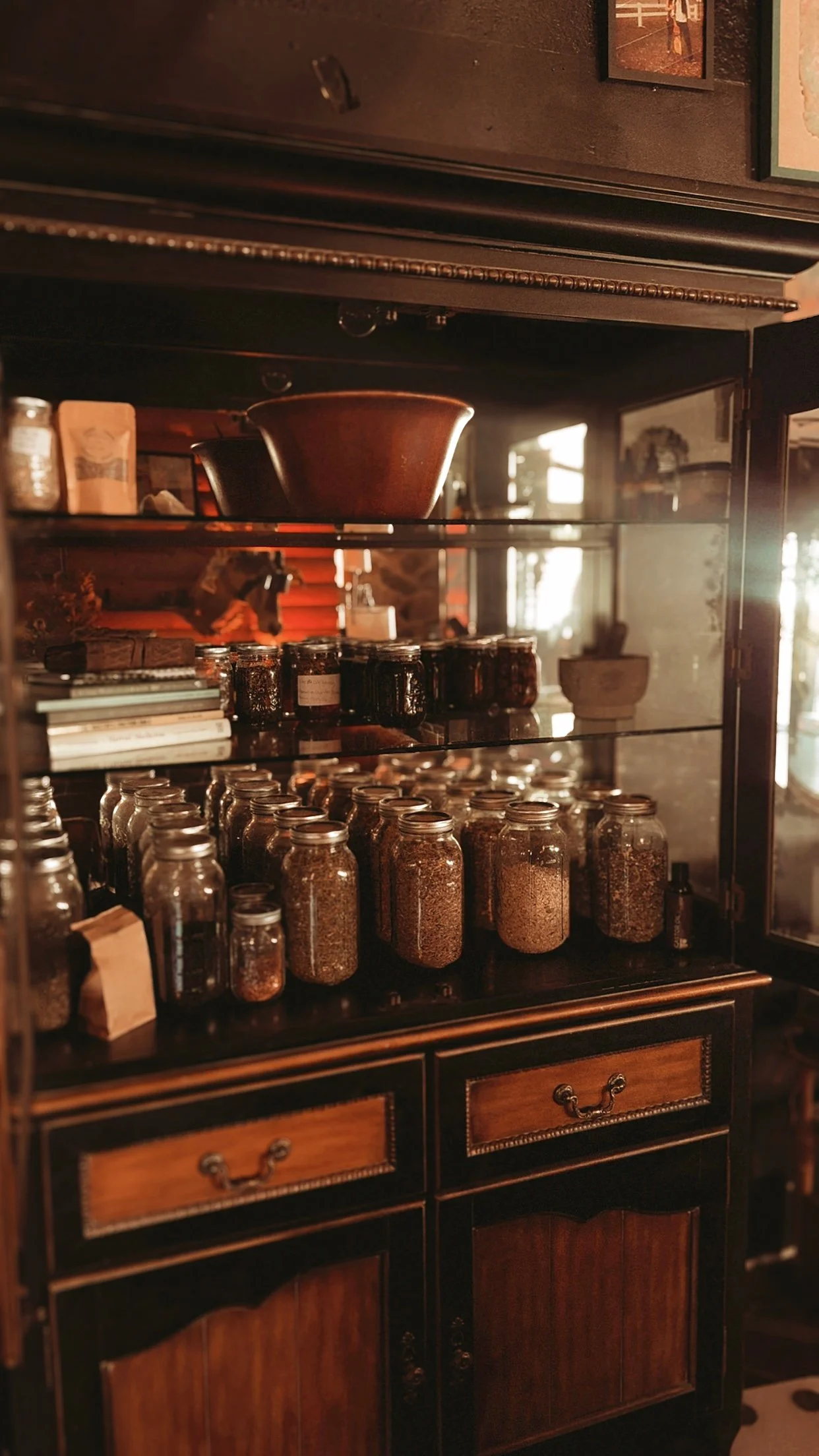 Vintage wooden cabinet displaying glass jars filled with spices, herbs, and coffee beans in a warmly lit shop