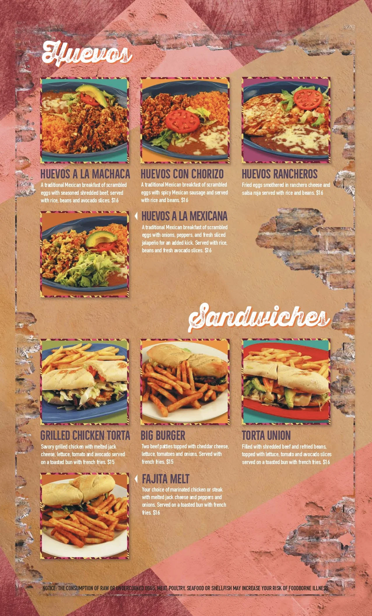 Menu of Mexican breakfast and sandwiches with images of scrambled eggs with meat, chorizo, ranch eggs, tacos, burgers, and sandwiches on a textured wall background.