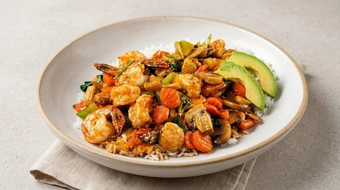 A bowl of stir-fried shrimp and vegetables served over rice, garnished with avocado slices.