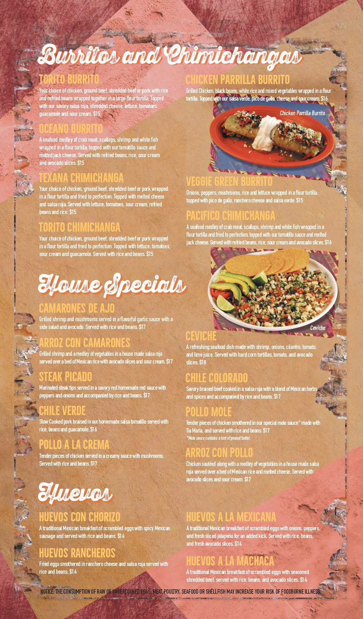 A colorful menu featuring Mexican dishes such as burritos, chimichangas, huevos, and ceviche, with text descriptions and some images of food.