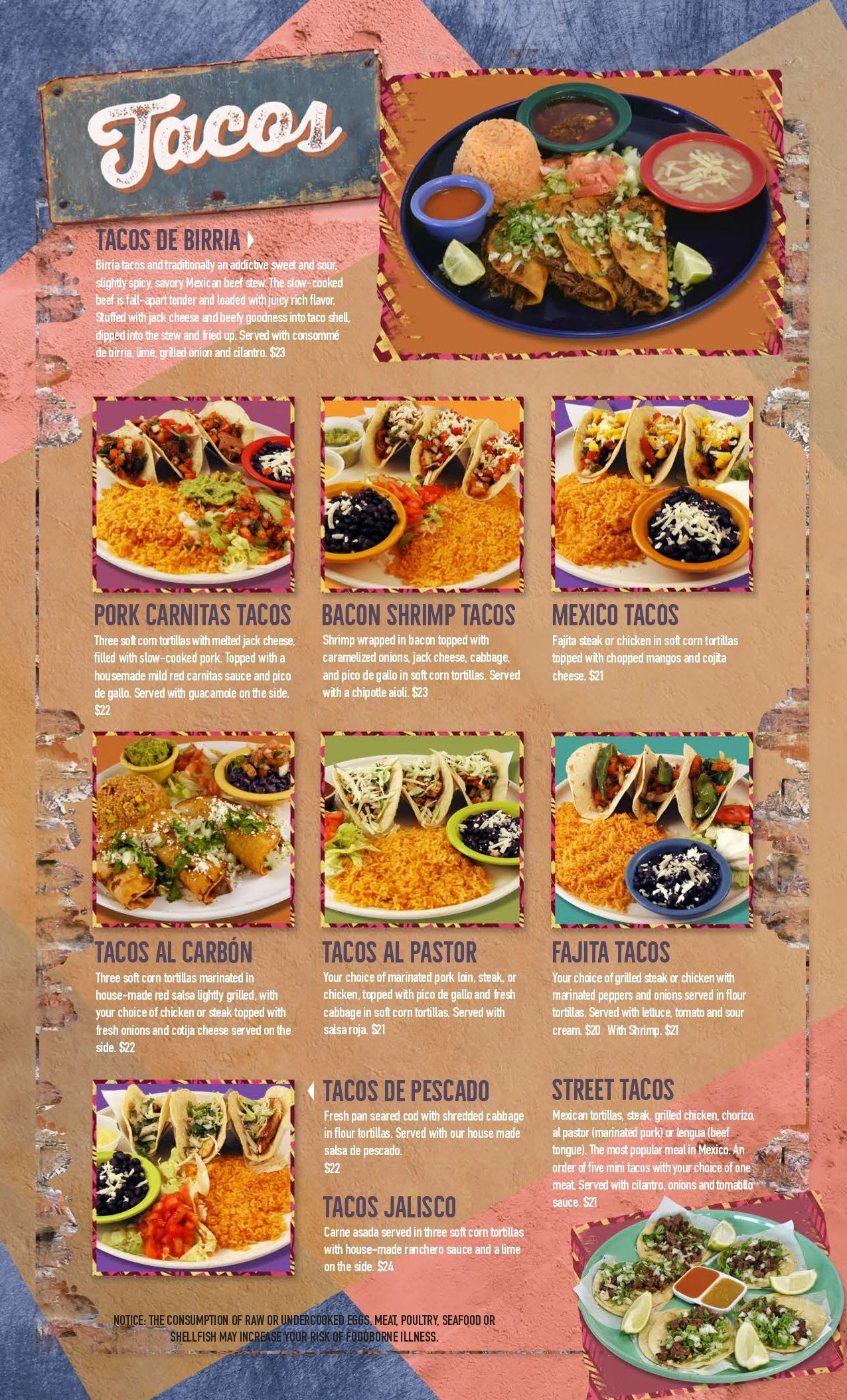 Mexican restaurant menu featuring various tacos with images and descriptions of traditional taco dishes.