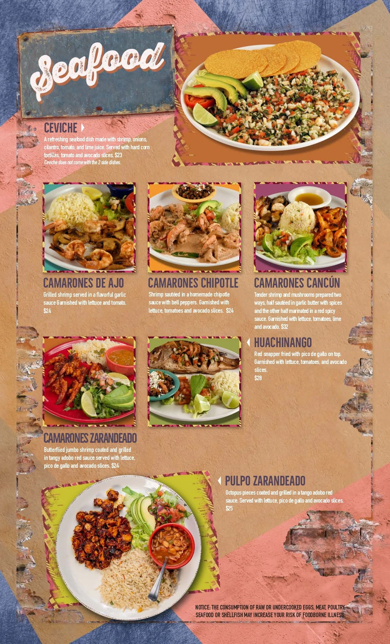 Menu page showing various seafood dishes including ceviche, camarones de ajo, camarones chipotle, camarones Cancún, camarones zarandeado, and pulpo zarandeado with descriptions and prices.