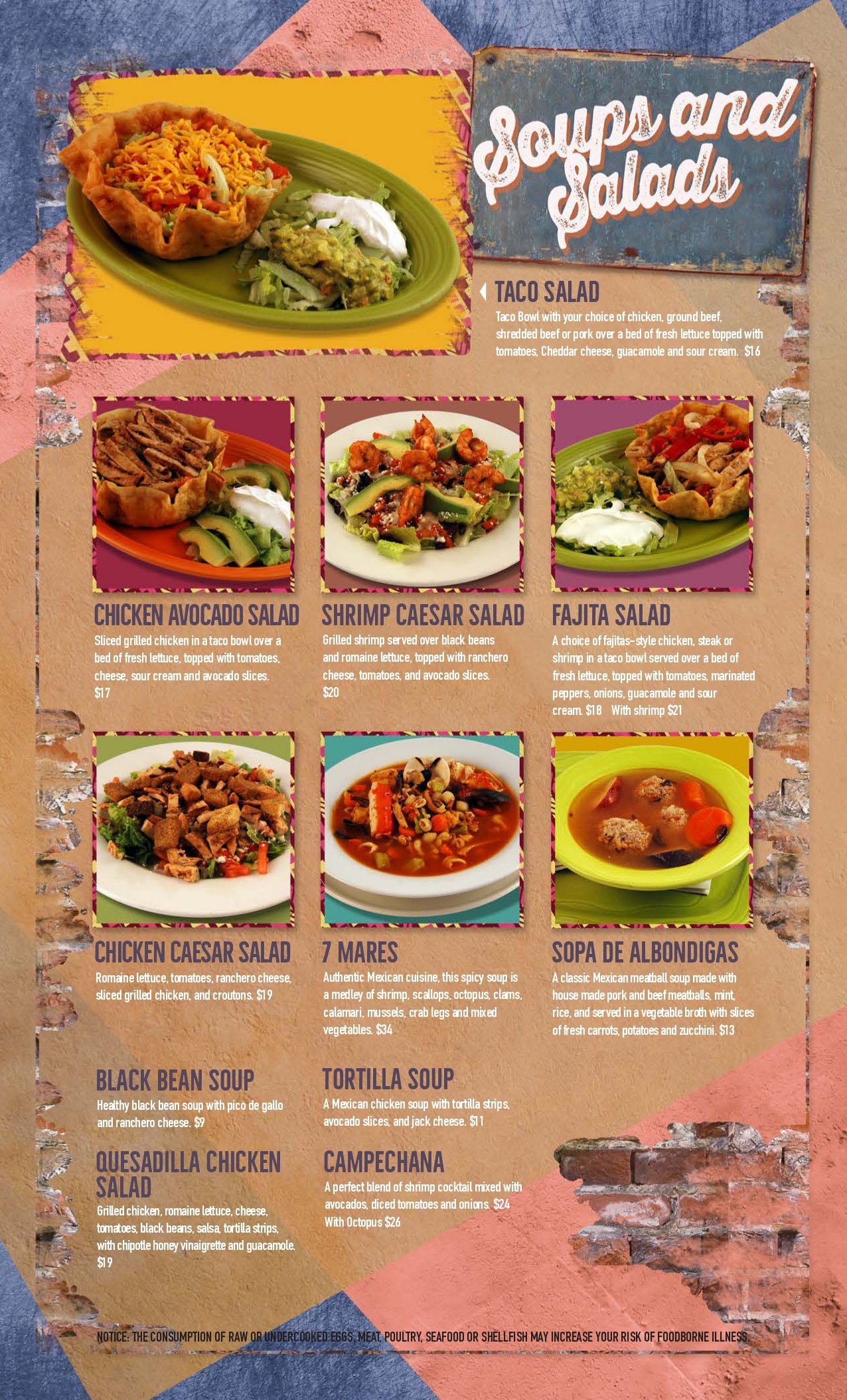 Menu page featuring various Mexican soups and salads with pictures of each dish. The dishes include taco salad, chicken avocado salad, shrimp Caesar salad, fajita salad, black bean soup, tortilla soup, quesadilla chicken salad, and campechana, with descriptions and prices.
