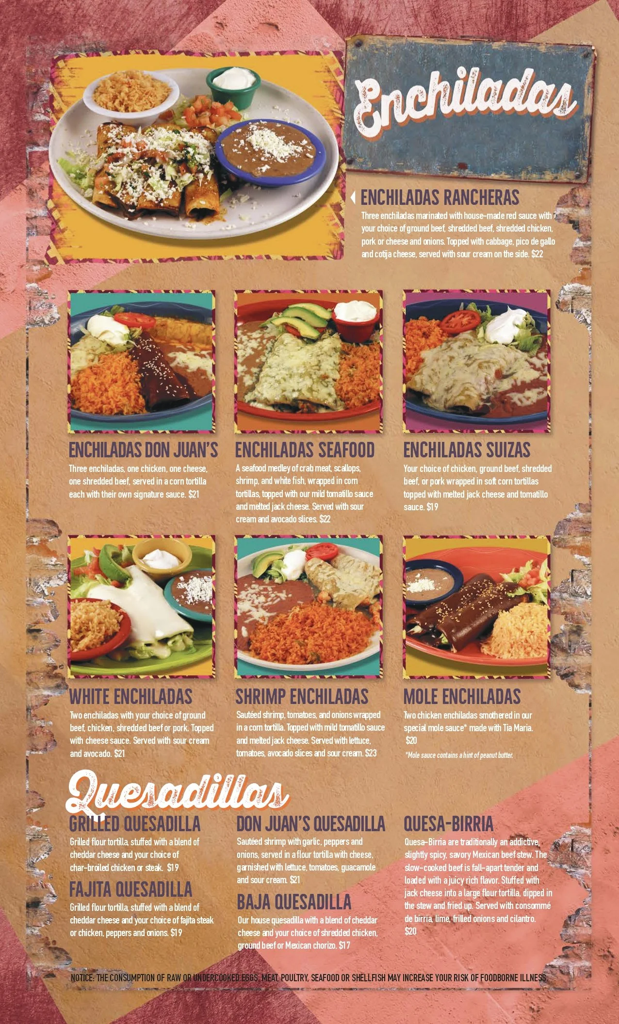 A colorful menu featuring various Mexican dishes including enchiladas, quesadillas, and more, with pictures of the dishes and descriptions.