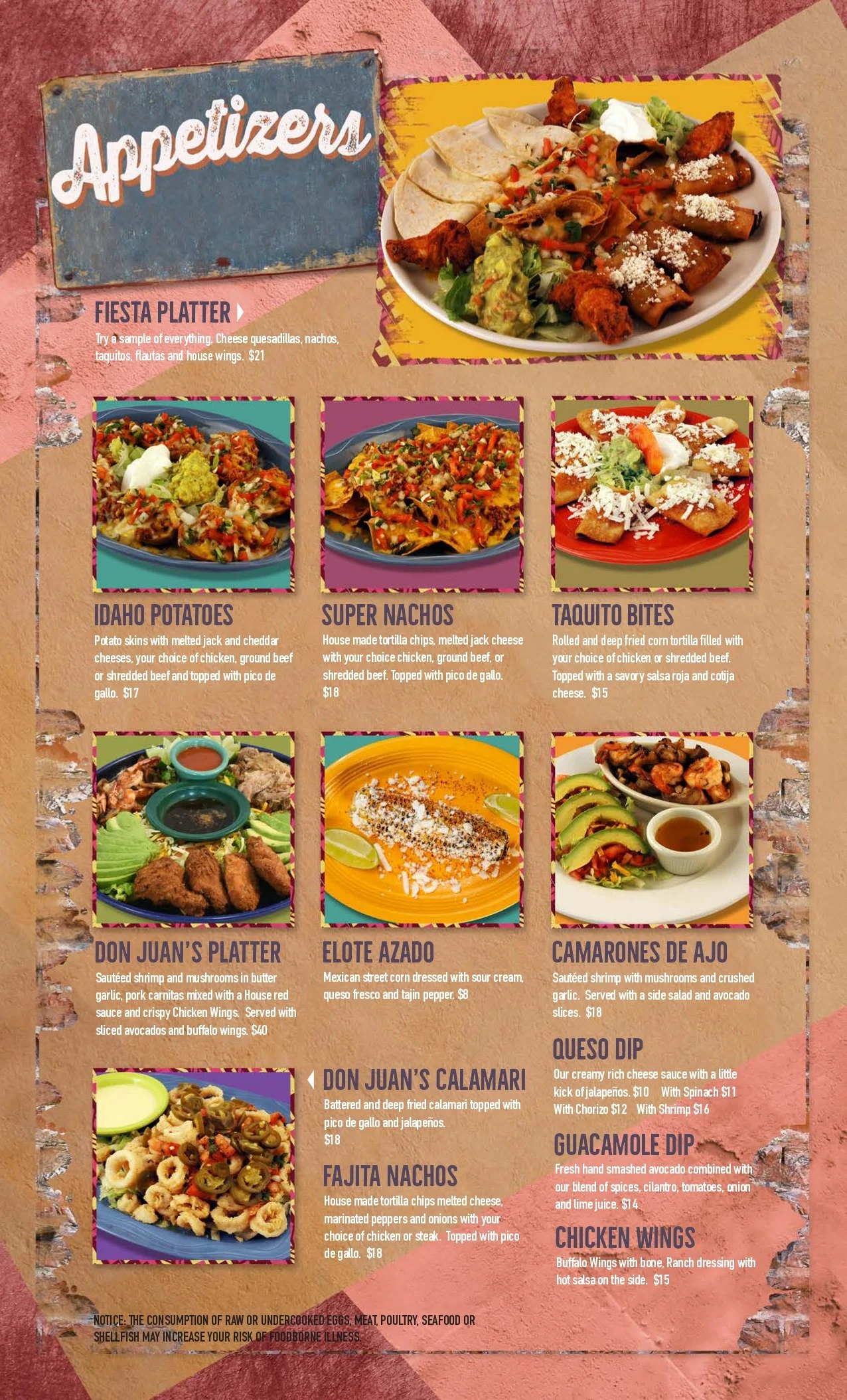 Mexican restaurant menu page featuring various dishes including appetizers, platter options, and dips, with colorful images and descriptions of each item.