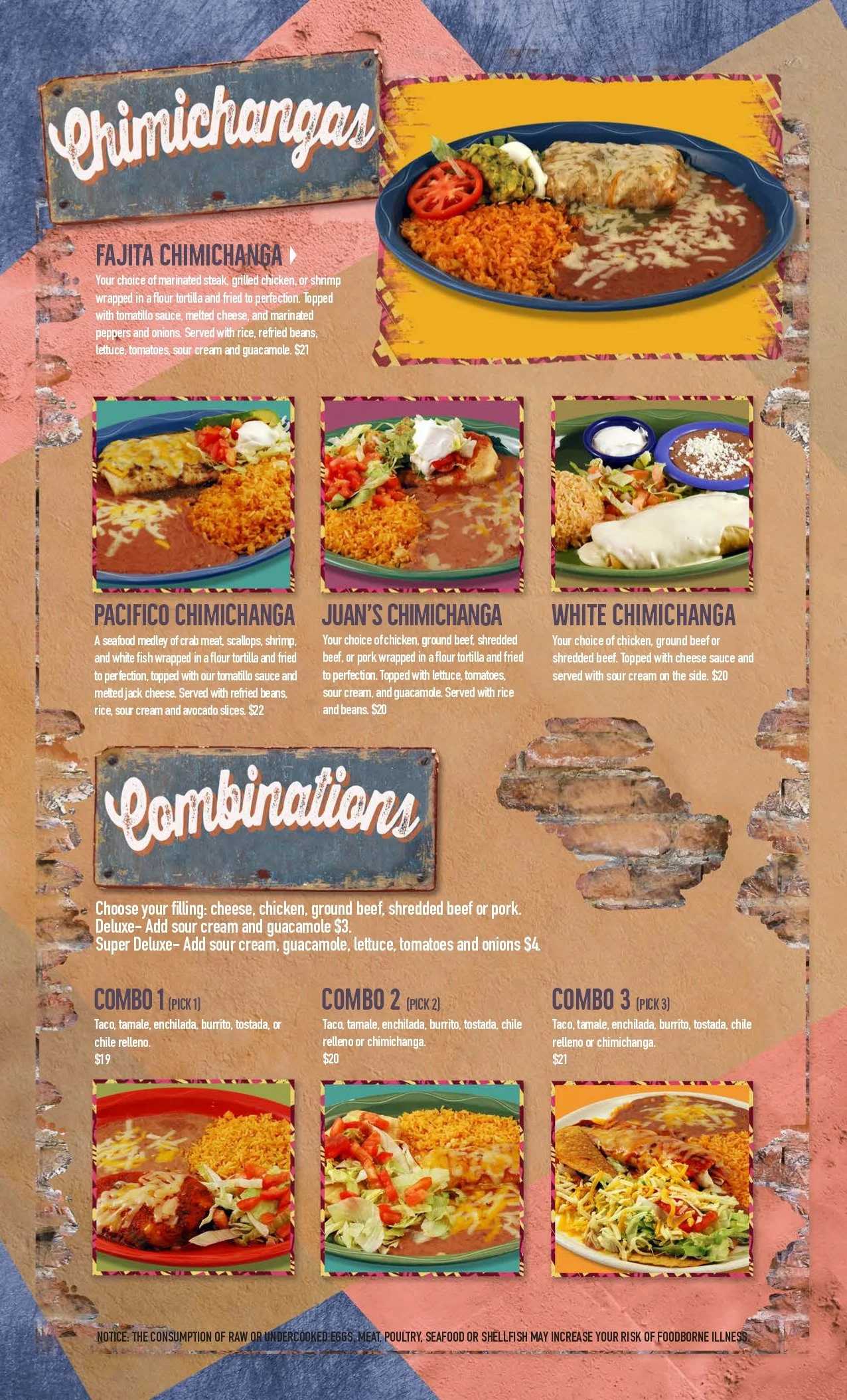 A colorful restaurant menu featuring various Mexican dishes, including chimichangas and combo plates with descriptions and prices.