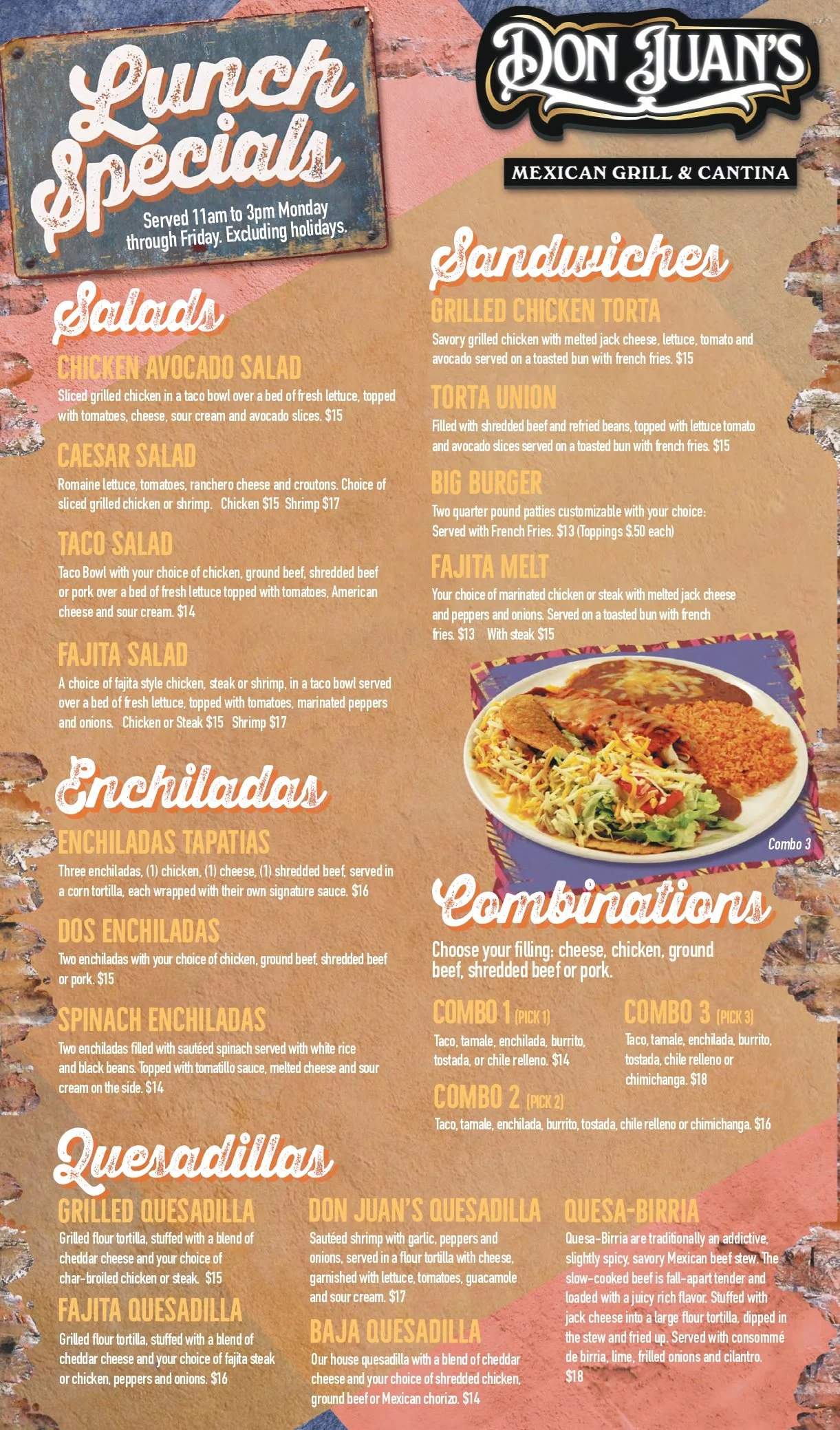Restaurant menu featuring lunch specials such as salads, sandwiches, enchiladas, quesadillas, and combo plates at Don Juan's Mexican Grill & Cantina. The menu highlights prices and descriptions for each item.