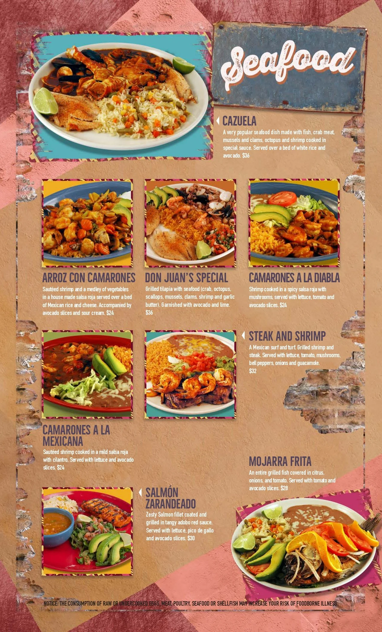 Menu featuring various seafood dishes like cazuela, camarones a la diabla, and salmon zarandeado with colorful photographs and descriptions in Spanish.